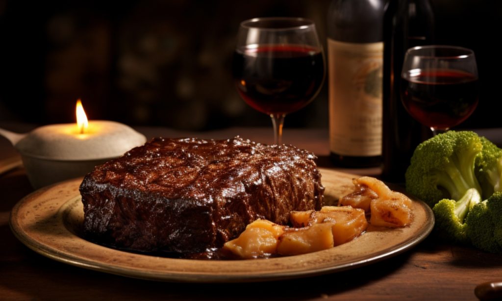 Um prato com um bife grosso e suculento, servido com fatias de maçã caramelizada e brócolis, ao lado de duas taças de vinho tinto e uma garrafa de vinho, com uma vela acesa ao fundo, compondo uma atmosfera elegante e convidativa.