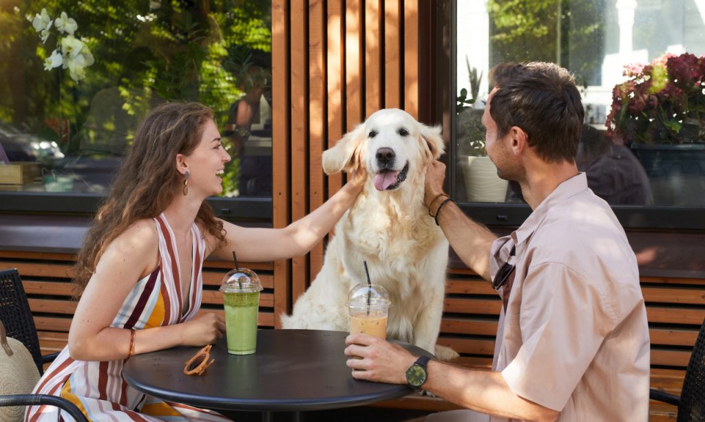 Um casal sentado em uma mesa de café ao ar livre, ambos acariciando um cachorro golden retriever que está sentado ao lado deles. Bebidas geladas estão sobre a mesa, enquanto o ambiente é cercado por plantas e madeira, transmitindo tranquilidade.