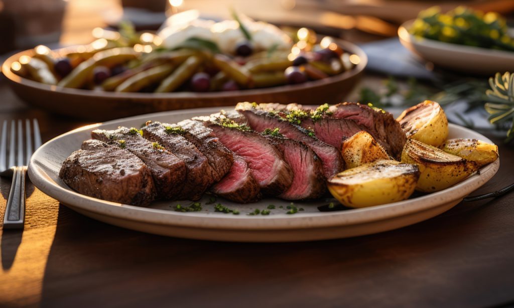 Um prato com fatias suculentas de carne grelhada ao ponto, acompanhadas de batatas douradas e salpicadas com ervas frescas. Ao fundo, uma salada colorida de vagem e uvas, disposta em um ambiente iluminado pelo sol.